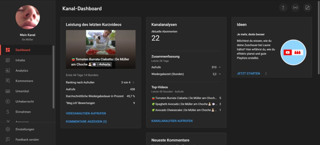 De Müller YouTube Studio Dashboard